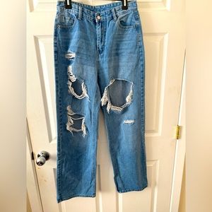 Denim Wide Leg High Rise Ripped Jeans